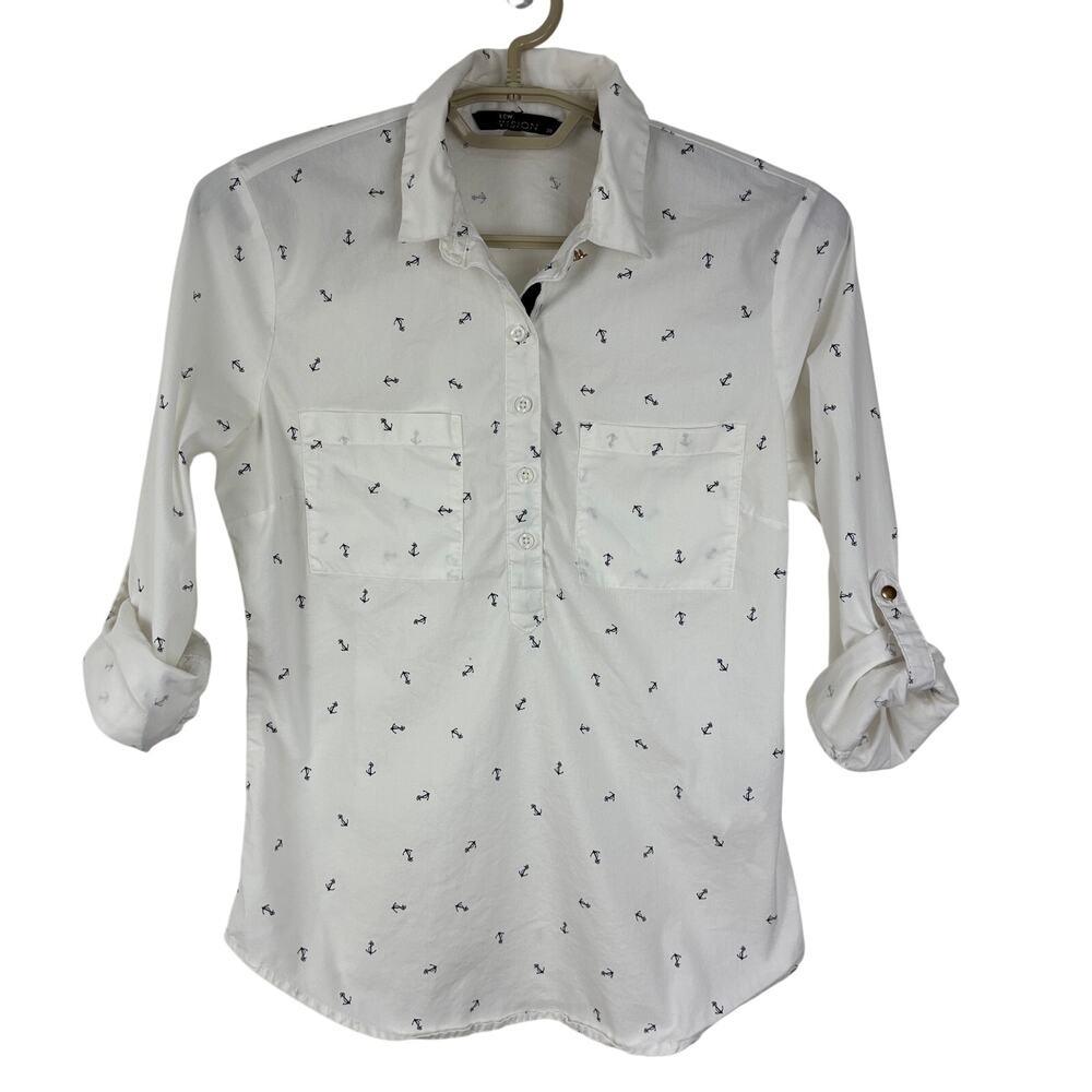Women's White Button Up Shirt Anchor preppy coastal nautical size 38 LCW Vision